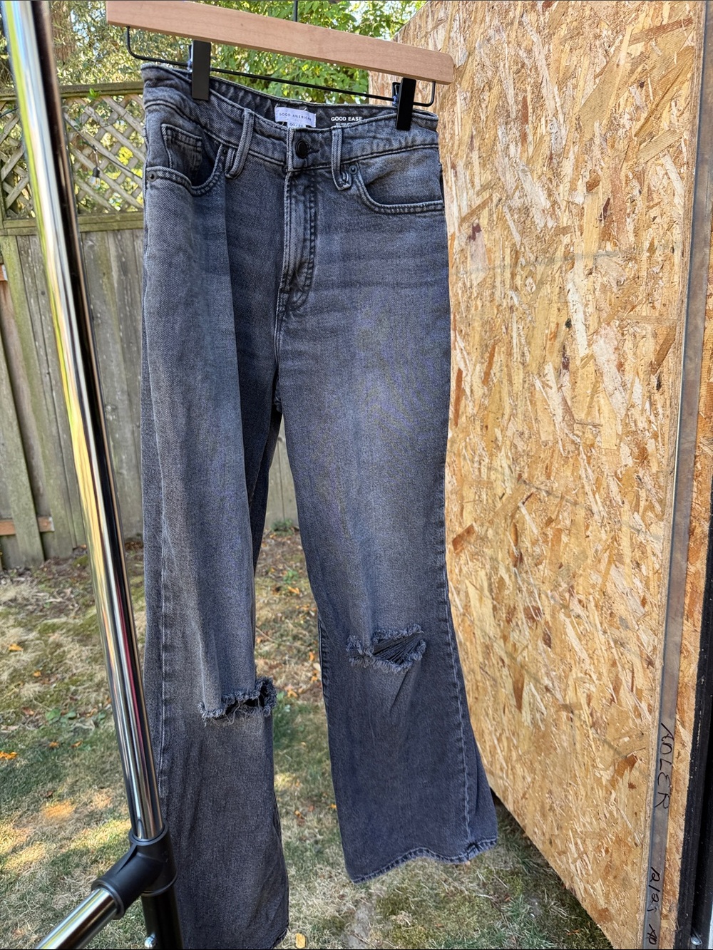 Good American Distressed Black Gray Flare Jeans. Good Ease